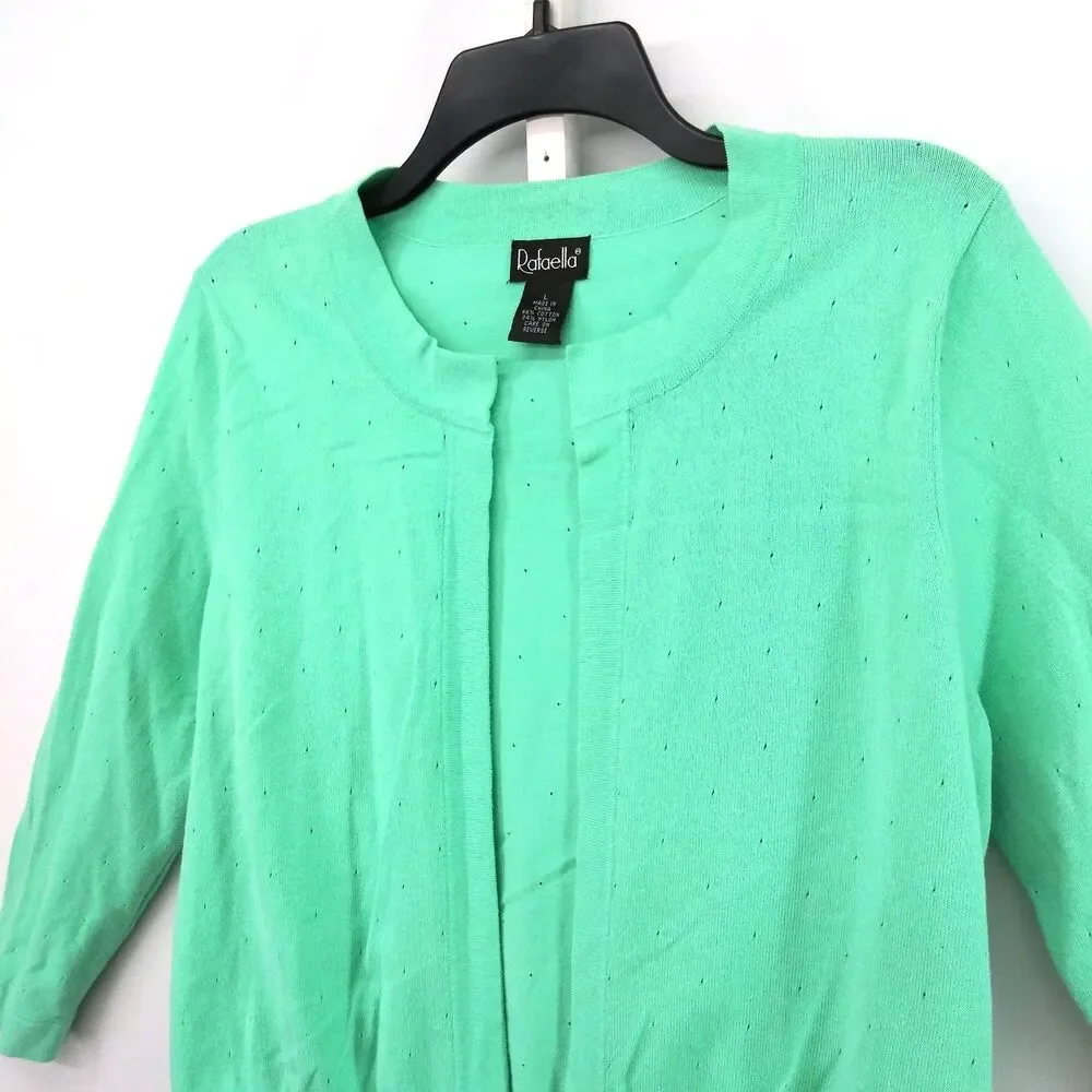 Rafaella Sweater Women Large Mint Green Long Sleeve Open Front Knit Cardigan Top